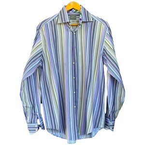 Thomas Dean Men’s L Long Sleeve Multicolor Striped Reverse Cuff Button Up Shirt